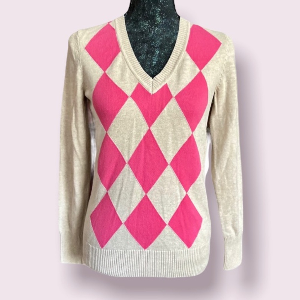 Old Navy Tan & Pink Argyle V-Neck Sweater